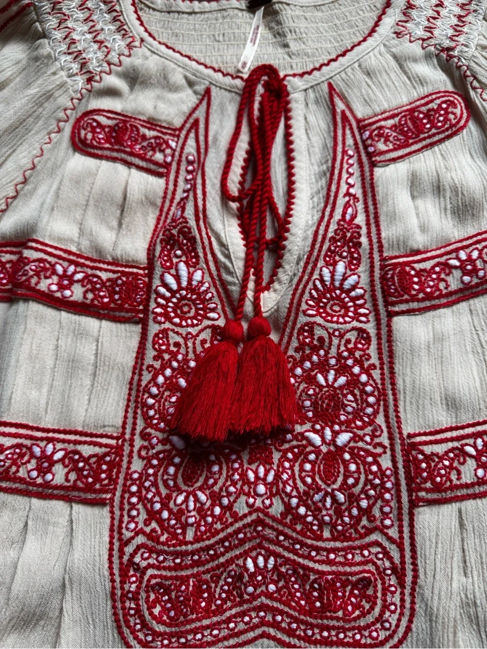Free People Cream Tunic Blouse with Red Embroidery Peasant Bohemian size M